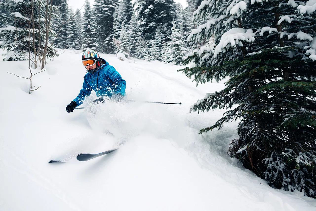 Skifahrer in Willingen der die Piste herunterfährt durch einen Wald